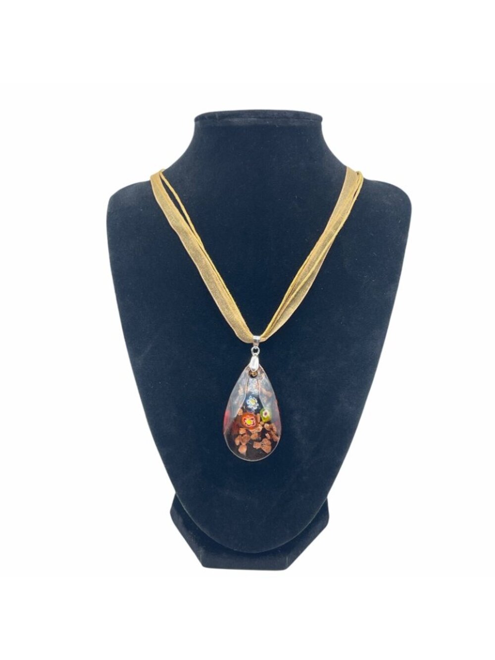 Art Glass Millefiori Pendant Amber and Copper with Orange Blue Green Flowers - Picture 2 of 9
